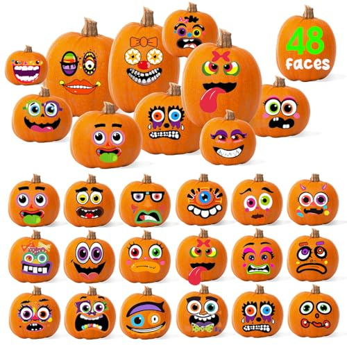 Halloween pumpa dekorationsklistermärken, 48 st/12 ark stora pumpa ansikte gör dina egna klistermärken för halloween dekorationer festtillbehör