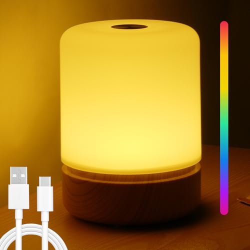 URAQT Luce Notturna LED, Lampada da Comodino Touch Dimmerabile, Lampada da Comodino con 8 Colori RGB, 3 Livelli Luminosità Con sensore di movimento, per Bambini, Camera da Letto, Campeggio