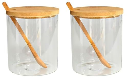 Tradineur - Pack de 2 tarros de vidrio borosilicato con cuchara y tapa de bambú, bote, frasco, recipiente para guardar azúcar, sal, café, condimentos - 310 ml - 9,5 x 8,2 cm