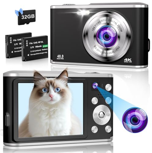 Digitalkamera, 4K Dual Kamera Autofokus tragbare Kompaktkamera mit 32G SD Karte, FHD 48MP mit 2,8 Zoll großem Bildschirm, 16X Digitalzoom Fotokamera für Kinder Teenager Anfänger-Schwarz