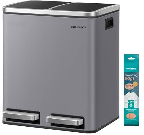 SONGMICS Mülleimer Küche, 2 x 15 Liter, Mülltrennsystem 2 Fächer, inklusive 15 Müllbeutel, Abfalleimer, Treteimer, recycelbare Abfälle, Biomüll, Softclose-Deckel, mattgrau LTB030G01