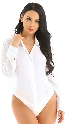 RUNQHUI Body Blouse Chemisier Femme Manches Longues Slim Chemisier Bodysuit Tenue Casual Blanc S