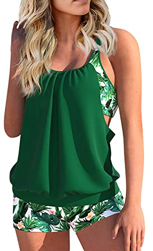 uxxnjfg Costume Donna Due Pezzi Tankini Donna Mare Curvy Taglie Forti Push Up Costumi Vita Alta Mestruale Beach Tankini Contenitivo Brasiliana Beachwear Bikini Top Pantaloncino Swimwear(Verde,L)