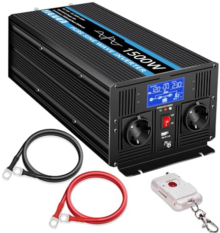 JIGUUN 1500W 3000W Wechselrichter Reiner Sinus Spannungswandler 12V 230V Mit 30A-Ladegerät und Netzvorrangschaltung und USV, 2 EU Steckdosen，Kabellose Fernbedienung und LCD-Anzeige