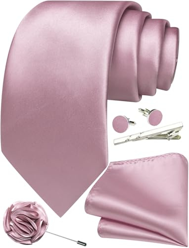 Ailisus Dusty Pink Tie and Pocket Square Set Solid Necktie Cufflinks Tie Clip Lapel Pin for Men Wedding Business 5PCS