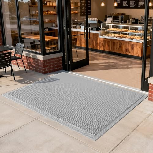 QiCaiJia Front Door Mat 36''x59'', Drainage Heavy Duty Dirt Trapping Non-Slip Doormats, Outdoor Rubber Floor Mats, Restaurant Commercial Kitchen Industral Pool Entrance Bar Wet Area, Grey