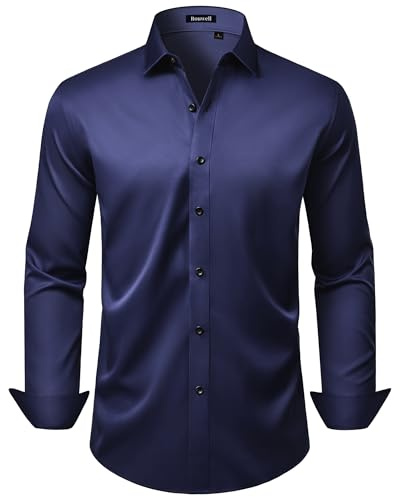 ROUWELL Mens Navy Blue Dress Shirt Long Sleeve Wrinkle Free Stretch Non Iron Business Casual Work Button Up Tuxedo Shirts L