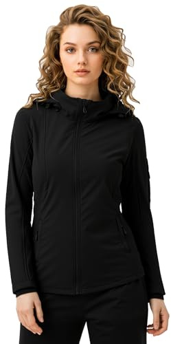 GGleaf Women's Fleece Lined Softshell Jacket Lightweight Windproof Waterproof Hooded Warm Coat for Outdoor Hiking, Spring Fall Winter Rain Jacket Black X-Large