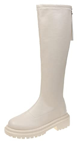 Mujer Botas Altas Rodilla Ancha Pantorrilla,Botas De Cuero Con Tacón Para Mujer,Botas De Tacón De Bloque Antideslizantes Sólidos Botas De Tacón Redondo Largas Botas De Mujer, Blanco, 40 EU