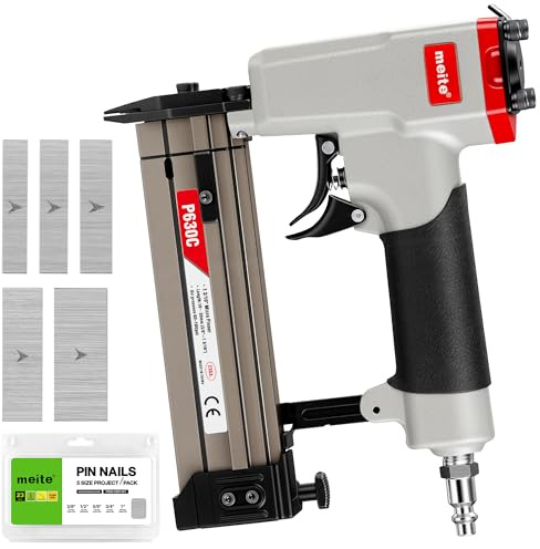 meite 23 Gauge Pin Nailer with 6000 Counts Nails (10 mm, 12 mm, 15 mm, 19 mm, 25 mm), Pneumatic Headless Pin Nail Gun, Accept 10 mm to 30 mm 23GA Pin Nails, Ideal for Cabinets, Crafts