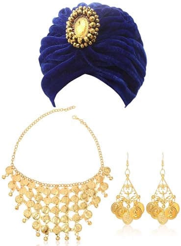 Kit di Accessori per la Danza del Ventre Donna, Turbante Indiano con Gioielli Dorati, Set di Gioielli Tradizionali Indiani, Collana a Monete e Orecchini, Accessori per Carnevale Cosplay Party (Blu)