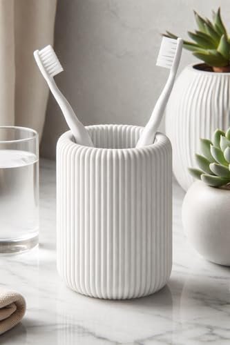 White Toothbrush Holder for Bathroom, Modern Minimalist Ribbed Design, Countertop Organizer Cup for Electric and Manual Toothbrushes