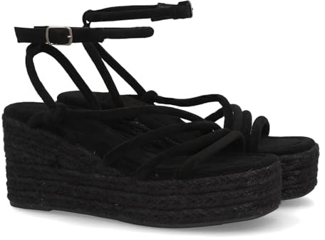 shoes&blues.es 102126 Sandalia de Mujer con Cuna y Diseno de Tiras Finas, Nudos Decorativos y Plataforma de Yute, Suela Ligera, Acolchada y Comoda. Cierre de Hebilla, Ideal Verano. Negro Talla 38