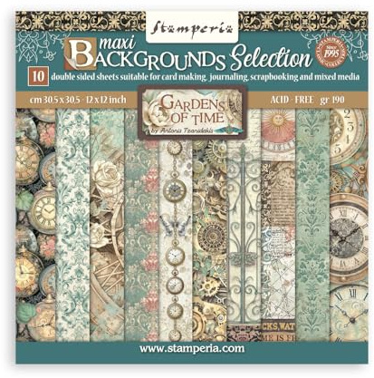Stamperia - Scrapbook Paper Pad for Scrapbooks, Albums, Cards, Bullet Journals and More, Acid Free, Double-Sided, Perfect for Crafts and Gifting (Gardends of Time Background Selection) (30.5 x 30.5cm)