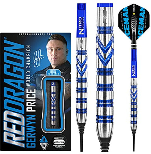 RED DRAGON Gerwyn Price Iceman Originals 18g Fassgewicht, 20g Gesamtgewicht Softip Tungsten Dartpfeile Set mit Flights und Schäfte