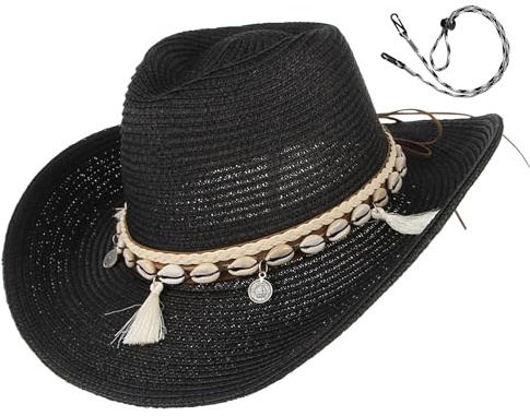 GEMVIE Women's Summer Straw Cowboy Cowgirl Hat Sun Hats Wide Brim Beach Holiday Straw Hat with Shell Band Black