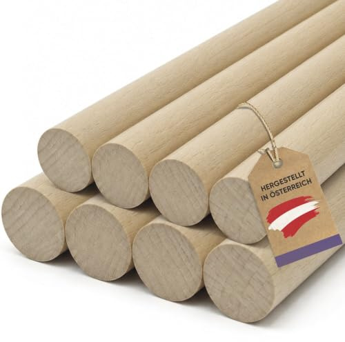 vasalat Trästavar för pysselset – träpinne 100 cm x 16/18 mm perfekt för gör-det-själv-projekt, rund stav bok omålad, slät – 8 stycken