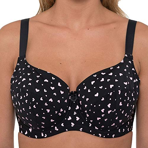 Gemm Soutien-gorge à balconnets pour femme avec armatures et imprimé cœur Disponible en tailles standard et grandes, Cœurs noirs et roses, 110G