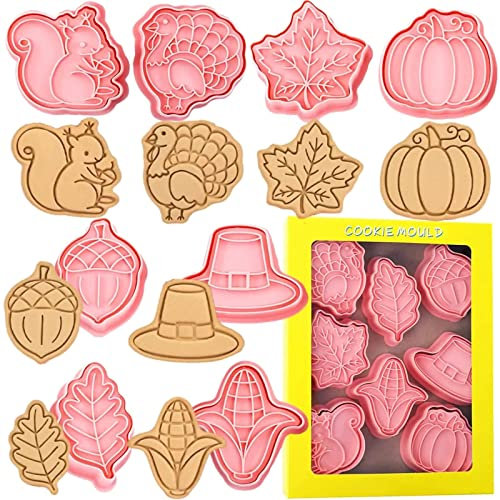 Lot de 8 emporte-pièces en forme de biscuits pour enfants Thanksgiving, feuille d'érable, citrouille, écureuil, maïs, dinde, pignons de pin, fondant, moule à biscuits, moule à biscuits