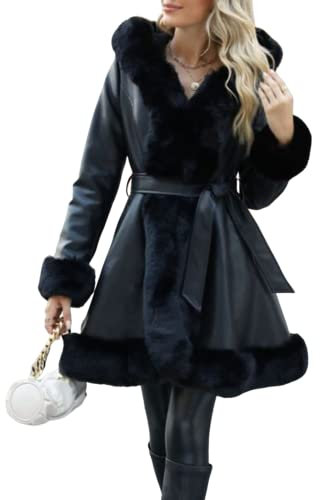 Giolshon Damen Faux Leder Pelz gefütterte Jacke mit Kapuze Verdicken Sie den Langen Parka Mantel mit Gürtel 242 Schwarz L