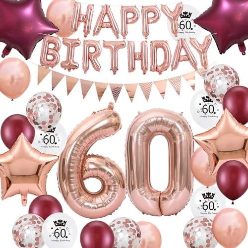 60.Geburtstag Dekorationen Weinrot Roségold für Frauen, Happy Birthday Ballon Wimpel Banner Nummer 60 Geburtstag Luftballons Wein Rot Star Folie Ballons Roségold für Ihre Mutter 60. Geburtstaga