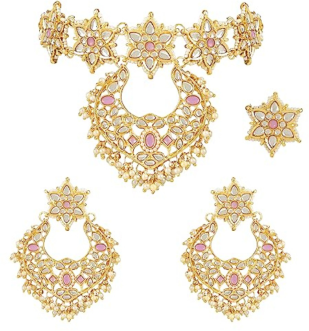 I Jewels 18K Gold Plated Traditional Handcrafted Stone Studded Pearl Choker Necklace Jewellery Set With Earrings & Finger ring For Women And Girls, Free Size, Gold, No Gemstone