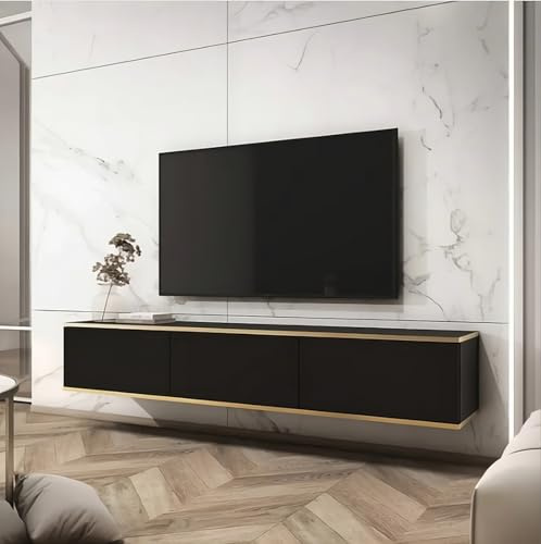 Arthauss Black Floating TV Cabinet with Storage 175cm - Stylish Floating Entertainment Centre, Wall Mounted Media Console, Floating TV Shelf - Modern Floating TV Stand for Contemporary Homes