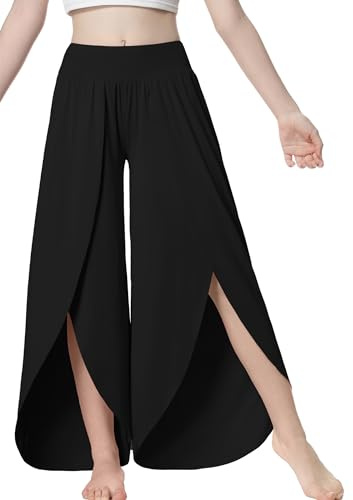 EXARUS Girls Flowy Pants Wide Leg Dance Palazzo Slit High Waisted Trousers Casual for Kids Black 12Y