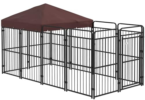 PawHut Kennel per Cani da Esterno, Recinto per Cani con Tetto Anti-UV Impermeabile, Gabbia per Cani Grandi in Metallo, 282x141x160.5cm, Marrone