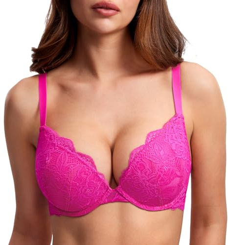 DOBREVA Push up-bh med spets för kvinnor Sexy Plunge Vadderad bygelhållare Stödbehå Lift up Glitter Pink 80E