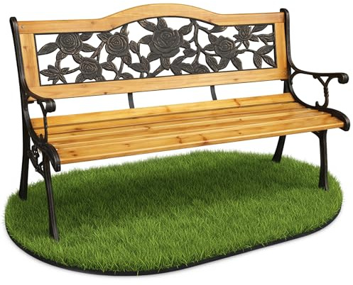 AKORD Banc de jardin rose avec pieds en fonte et bois verni | Banc d'extérieur | Bancs extérieurs avec accoudoir | Bancs modernes résistants aux intempéries | Largeur 118 cm | Marron