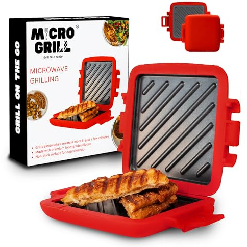 Micro Grill Classic™ Microwave Sandwich Maker, Microwave Grill, Toaster, 3 Minute Grilled Cheese Sandwich Maker, Thick Silicone Cover, Safe Food Grade, Panini Press, Dishwasher Safe (Red, Regular)