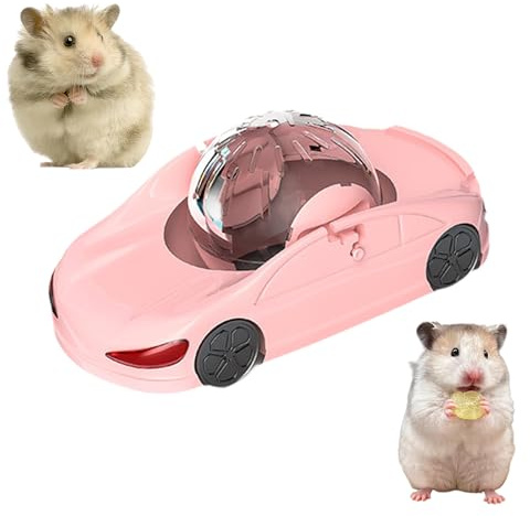 Hamster Ball Sports Car - Funny Exercise Wheels with Detachable Transparent Breathable Ball, 3 Play Modes, Hamster Running Ball in Car Suitable for 5-8cm Young Gerbil Dwarf Small Pet (Pink)