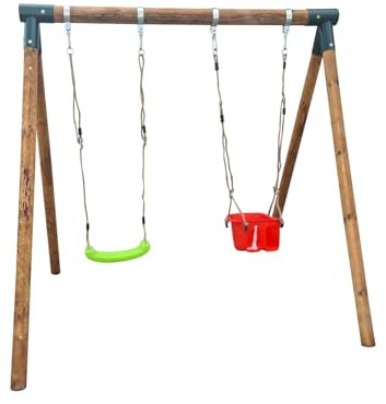 | MASGAMES | Columpio Doble KABA | Córner Recto | Estructura compacta | Madera tratada para Exterior | (2 Asientos Planos + Silla bebé)