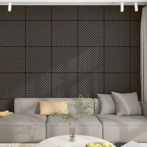 NEU.HOLZ Lot de 4 Panneaux Acoustiques Muraux et pour Plafond à Lamelles en Diagonale Isolation Sonore Style Scandinave Installation Facile Salon Studio MDF 1,44 m² 60 x 60 cm Effet Chêne Gris Foncé