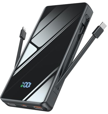 Powerbank 20000mAh,Tragbares Ladegerät mit 3 Anschlüssen & 2 integrierten Kabeln Externe Handyakkus Power Bank USB C 20W SCP 22.5W Portable Schnellladefunktion(Schwarz)