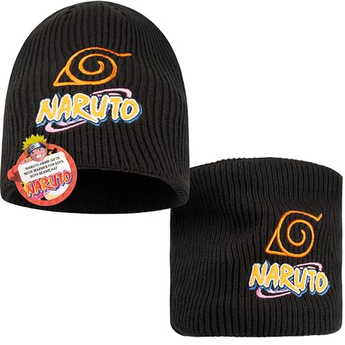 Get Trend Naruto Bonnet et Cache Cou Enfant Garçon, 2 Pcs Vêtement Accessoires d'Hiver Anime Tricot, Idée Cadeau Ado Garcon (7-14 Ans, Noir Naruto, 2)