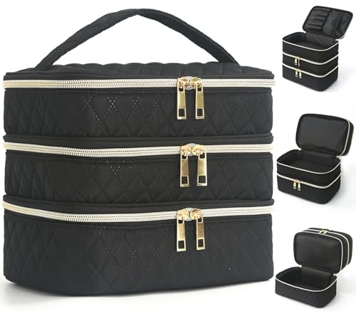 Apxouans Travel Makeup Bag for Women Three Layer Large Cosmetic Case Water-resistant Toiletry Bag Organizer for Store Toiletries Cosmetic Accessories and Manicure Sets Black
