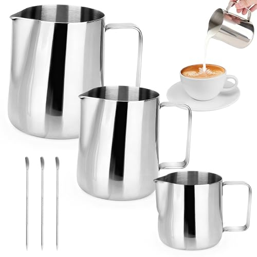 AZKEEGREY 3 Pcs Milk Frothing Pitcher 150 ml/350 ml/600 ml Stainless Steel Milk Frother Jug, Metal Jugs for Frothing Milk, Making Coffee Cappuccino Latte Art, Silver