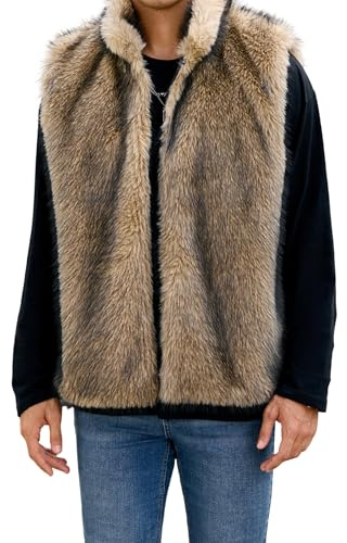SANSIWU Men's Faux Fur Sleeveless Vest Coat Loose Stand Collar Warm Furry Vest Jacket Casual Fall Winter Gilet Outerwear (A-Khaki, XL)