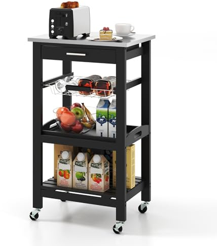 GIANTEX Carrello da Cucina a Rotelle con Mensole, Cassetto, Carrello di Servizio, Stile Moderno per Cucina e Soggiorno, 47x39x85 cm, Bianco/Nero (Nero)