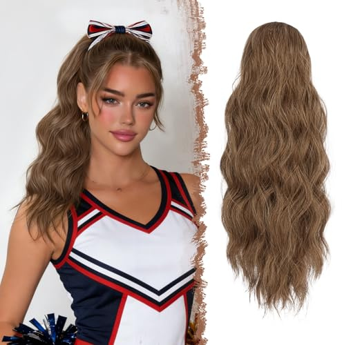 FESHFEN Ponytail Extensions - Drawstring Ponytails Hair Extension Long Curly Wavy Hair Piece Synthetic Pony Tail Hairpieces for Women, Toffee Mixed 18 inch