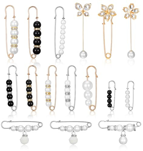 DOPENSPI 16 Stück Brosche Damen Perlen, Mode Broschennadeln Mehrere Stile Brosche Ausschnitt Verkleinern und Anstecknadel Jean Hosen Taillenspanner für Kleidung, Schals, Kleider, Röcke, Pullover