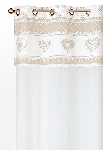 Atout Ciel Rideau Voilage à œillets avec Parement imprimé cœur 140x240cm prêt a Poser, Beige
