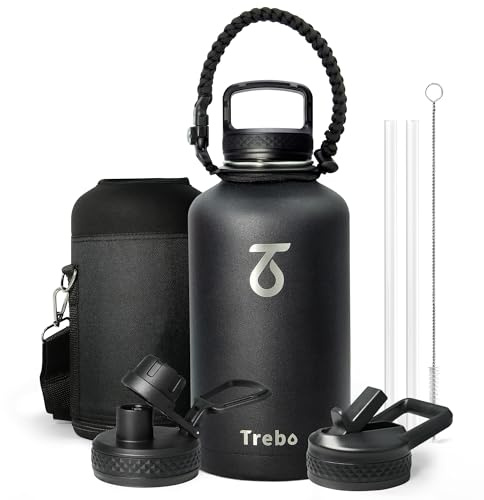 Thermosflasche mit Strohhalm 2L, Trebo Trinkflasche Edelstahl mit Paracord-Griff & 3 Deckeln, Edelstahl Trinkflasche Breites Maul Große Sportflasche Kalt halten 48 Stunden Wasserflasche, Schwarz