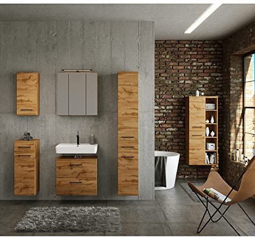 Lomadox Badezimmermöbel Set in Wotan Eiche Nb. im Industrial Style mit 60 cm Waschbeckenunterschrank, B/H/T: ca. 265/200/35 cm
