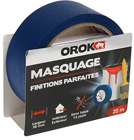 OROK - Ruban de masquage - Ruban adhésif de masquage bleu pour peinture finitions parfaites 20m x 38mm, Rouleau ruban de masquage peinture 20m x 38mm - Sans trace 14 jours - Intérieur & Extérieur