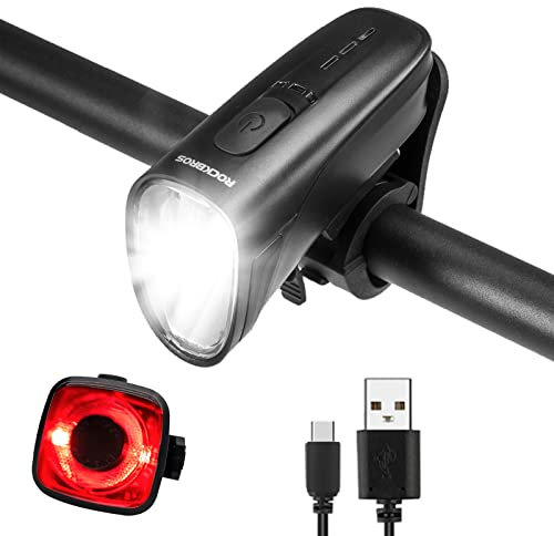 ROCKBROS LED Fahrradlicht Set USB Aufladbar Fahrradlampe, IPX5 Wasserdicht Fahrrad Frontlicht und Rücklicht Set bis zu 100 Lux Schwarz