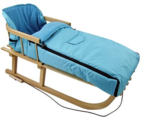 Kombierbjudande träsläde med ryggstöd och dragrep + universell vinteråksäck (108 cm), även lämplig för babystol, barnvagn, buggy, termofleece uni (turkos + sked)