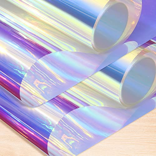 Zonon 2 Sheets Iridescent Cellophane Wrap Roll Holographic Window Film 16 x 100 Inches Dichroic Adhesive Film Rainbow Decorative Sticker for Gift Baskets Wrapping DIY Craft Party Easter Decor (Blue)